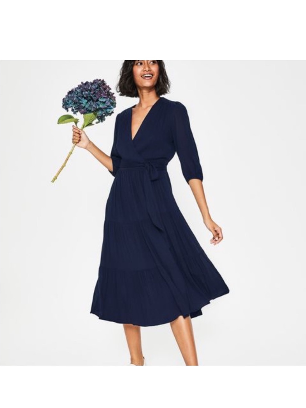 Boden Aurora 10 Women's Wrap Maxi Dress in Deep Navy lined elbow sleeves EUC